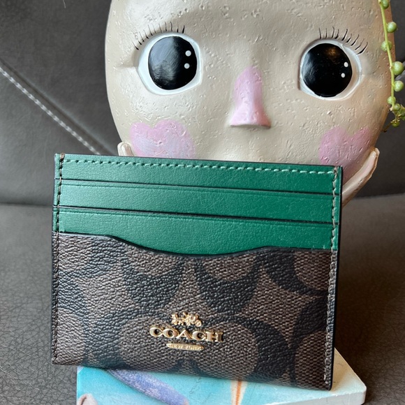 Coach Signature Slim Card Holder - Dark Pine and Brown Color - Picture 2 of 7